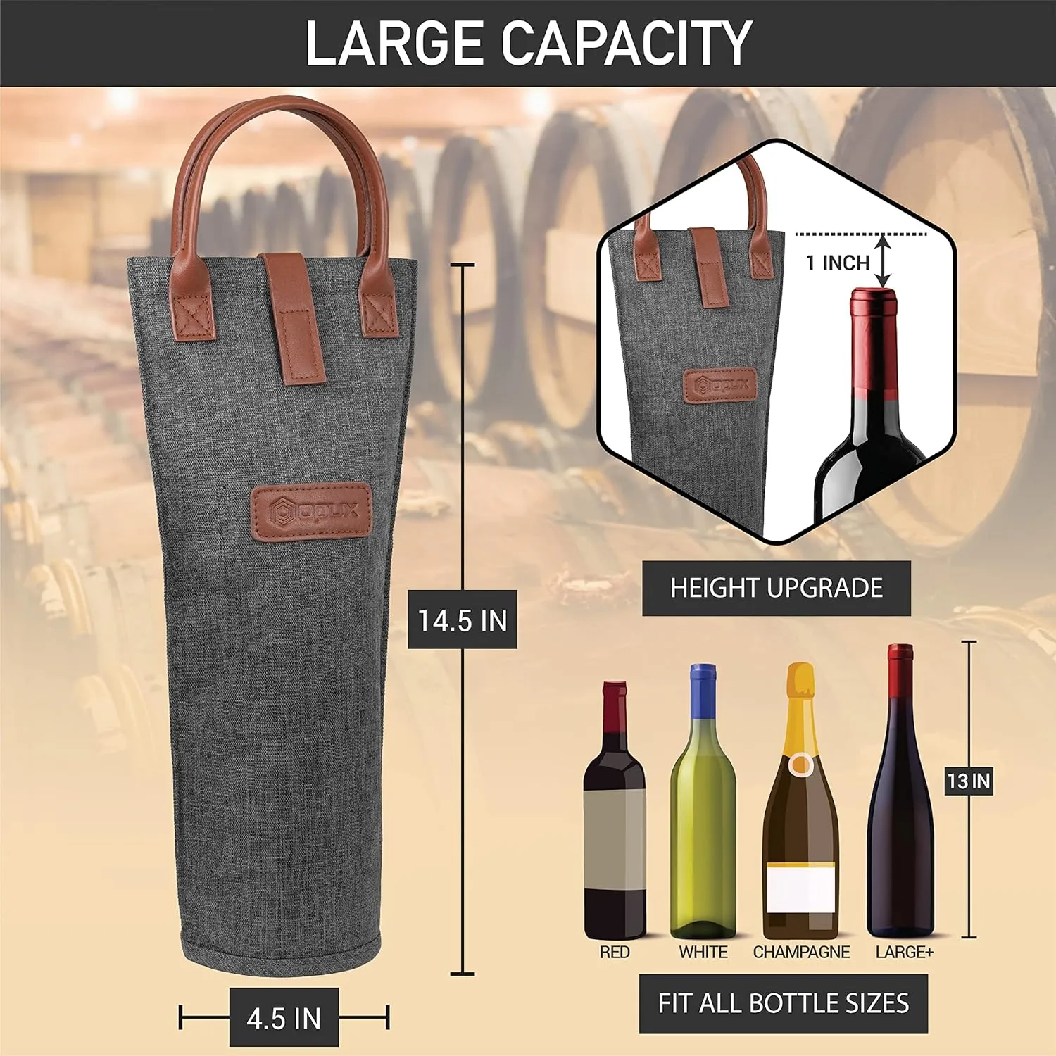 opux Wine Bag Single Bottle Carrier Tote, Insulated Travel Wine Cooler Bag for Picnic Beach Gift, Thermal Padded Portable One Bottle Holder Carrying Case for Women Men Wine Lovers, Charcoal Gray