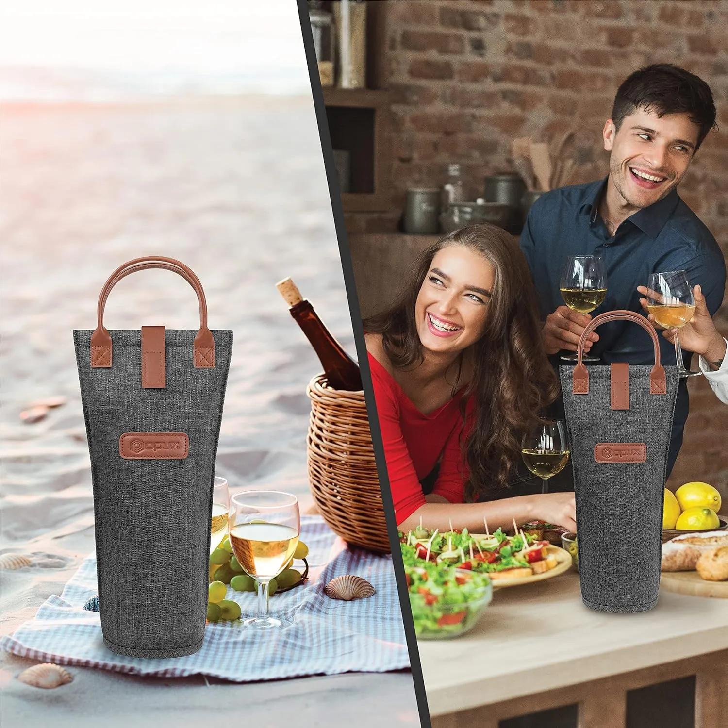 opux Wine Bag Single Bottle Carrier Tote, Insulated Travel Wine Cooler Bag for Picnic Beach Gift, Thermal Padded Portable One Bottle Holder Carrying Case for Women Men Wine Lovers, Charcoal Gray