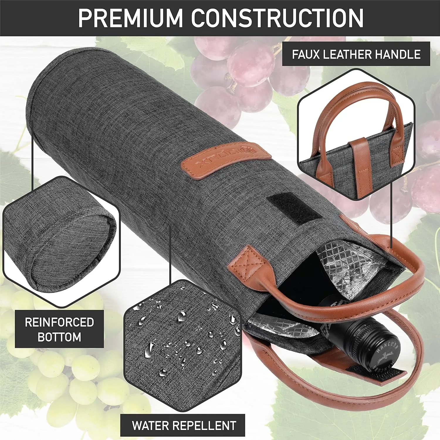 opux Wine Bag Single Bottle Carrier Tote, Insulated Travel Wine Cooler Bag for Picnic Beach Gift, Thermal Padded Portable One Bottle Holder Carrying Case for Women Men Wine Lovers, Charcoal Gray