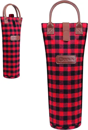opux Wine Bag Single Bottle Carrier Tote, Insulated Travel Wine Cooler Bag for Picnic Beach Gift, Thermal Padded Portable One Bottle Holder Carrying Case for Women Men Wine Lovers, Plaid Buffalo Red