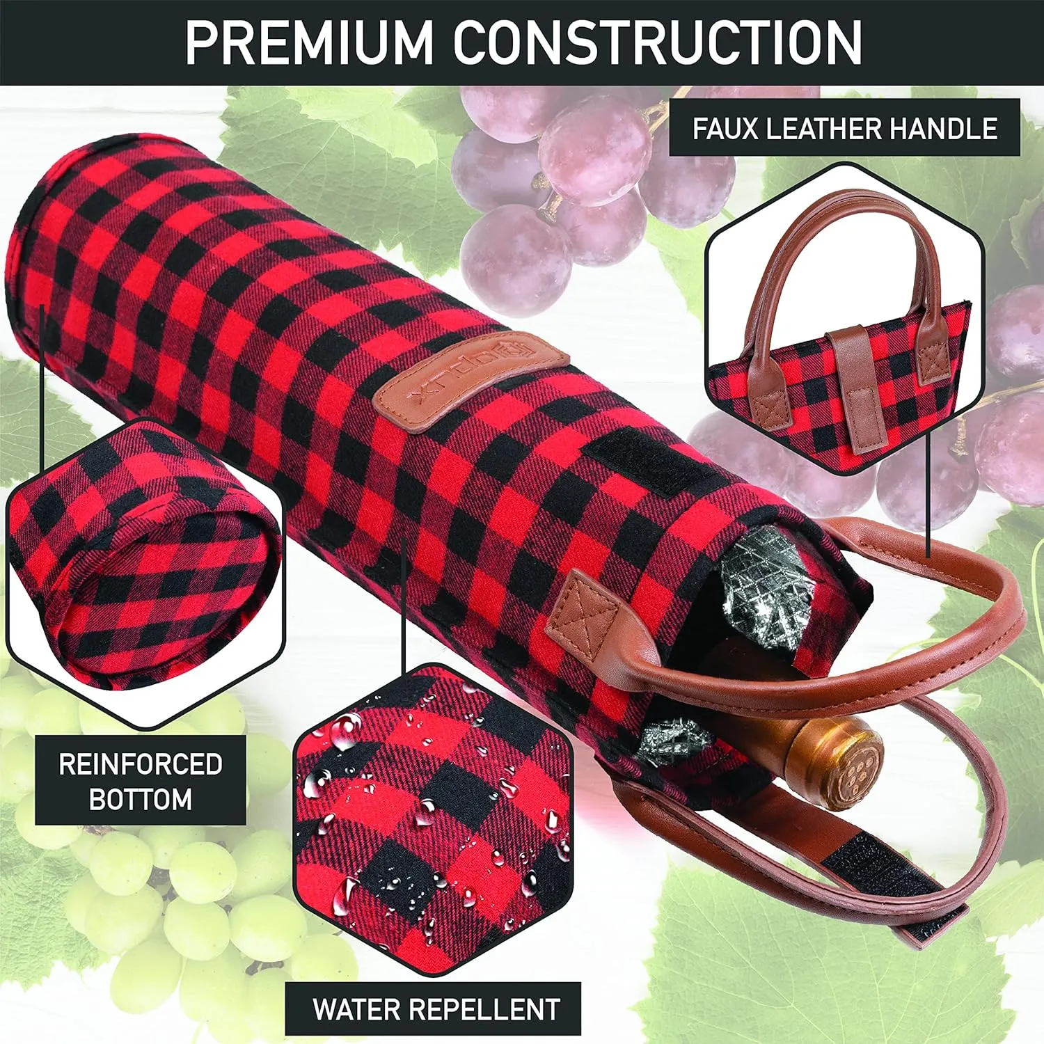opux Wine Bag Single Bottle Carrier Tote, Insulated Travel Wine Cooler Bag for Picnic Beach Gift, Thermal Padded Portable One Bottle Holder Carrying Case for Women Men Wine Lovers, Plaid Buffalo Red