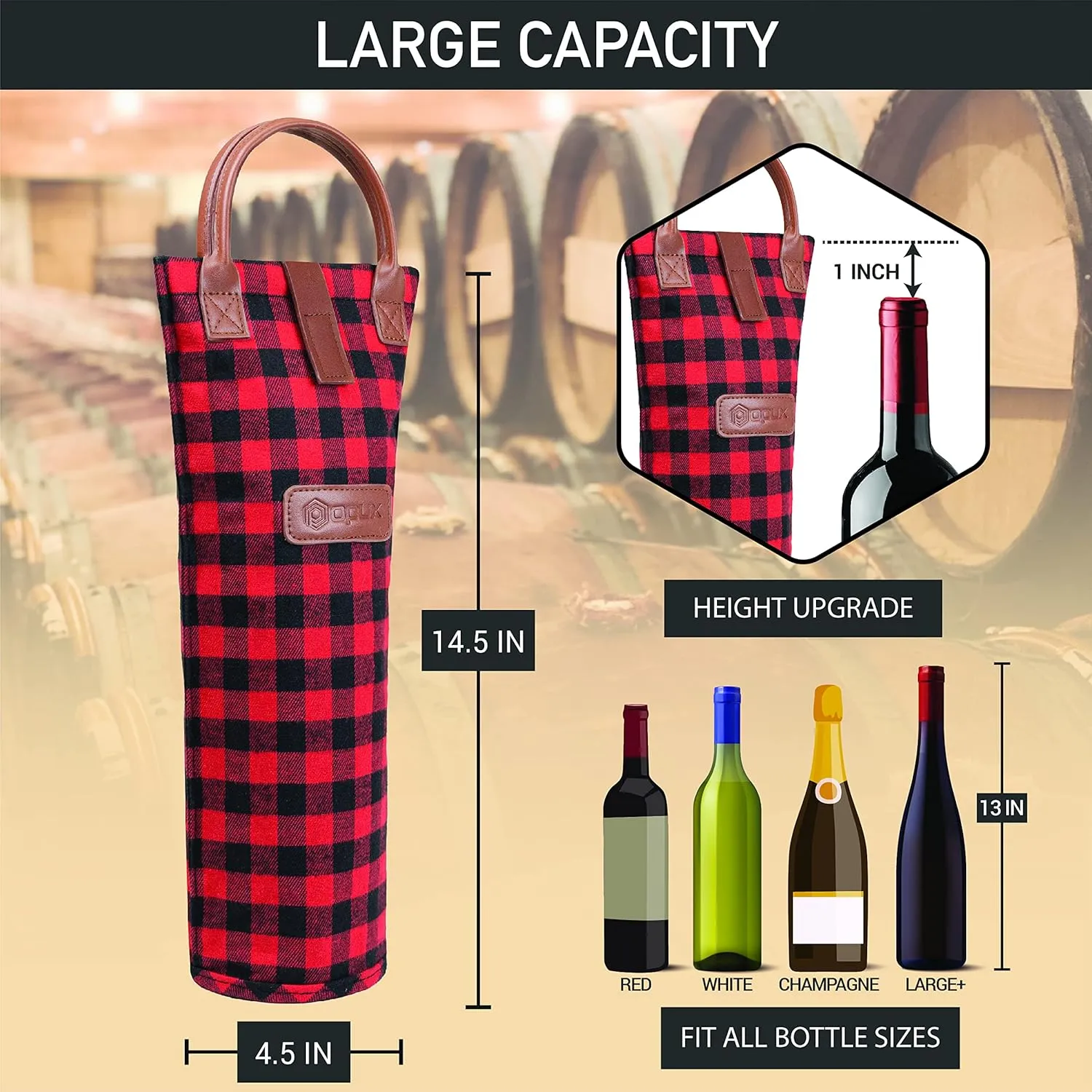 opux Wine Bag Single Bottle Carrier Tote, Insulated Travel Wine Cooler Bag for Picnic Beach Gift, Thermal Padded Portable One Bottle Holder Carrying Case for Women Men Wine Lovers, Plaid Buffalo Red