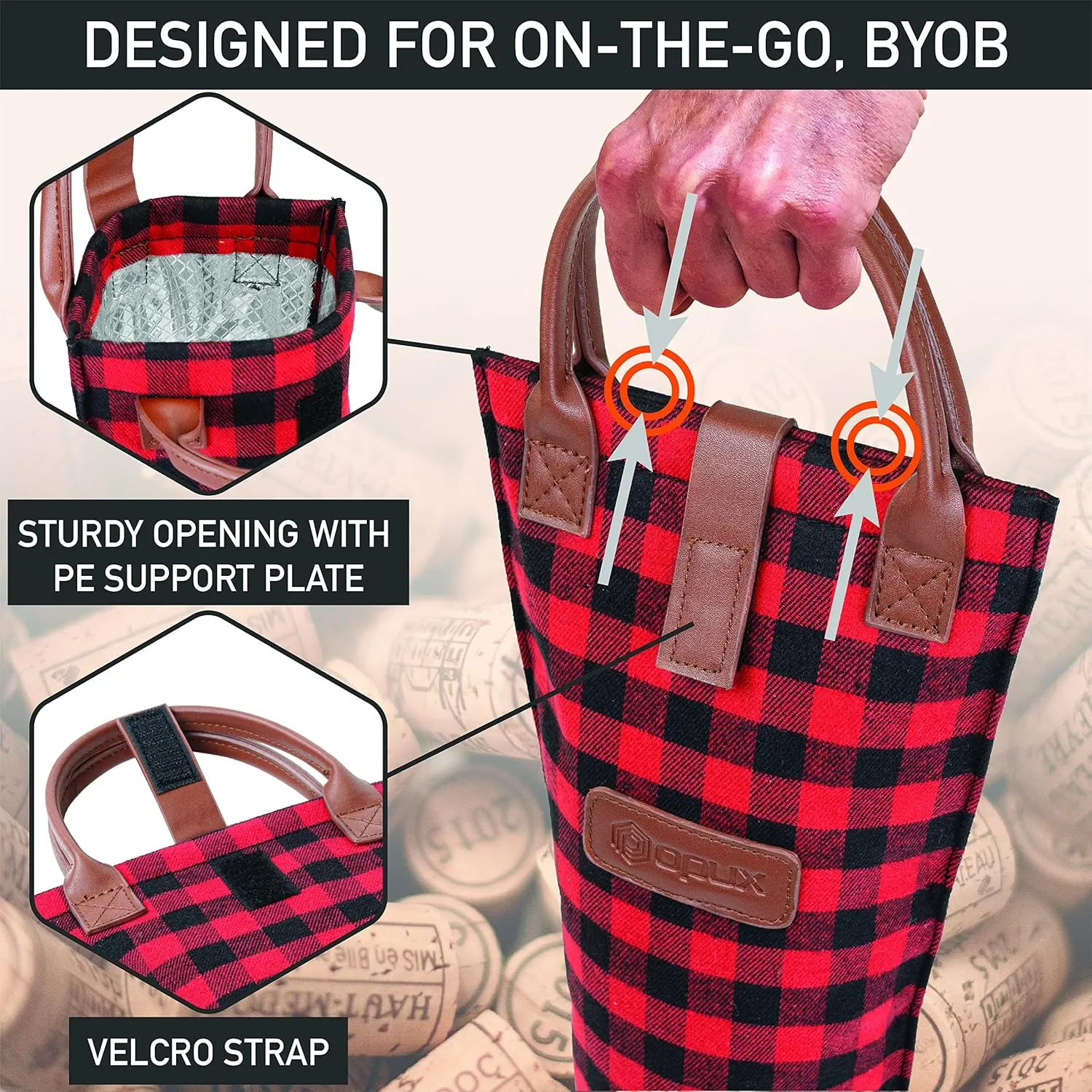 opux Wine Bag Single Bottle Carrier Tote, Insulated Travel Wine Cooler Bag for Picnic Beach Gift, Thermal Padded Portable One Bottle Holder Carrying Case for Women Men Wine Lovers, Plaid Buffalo Red