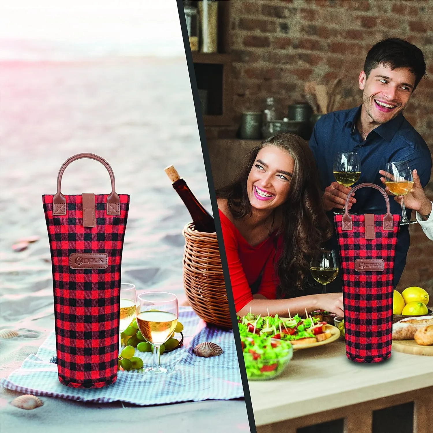opux Wine Bag Single Bottle Carrier Tote, Insulated Travel Wine Cooler Bag for Picnic Beach Gift, Thermal Padded Portable One Bottle Holder Carrying Case for Women Men Wine Lovers, Plaid Buffalo Red