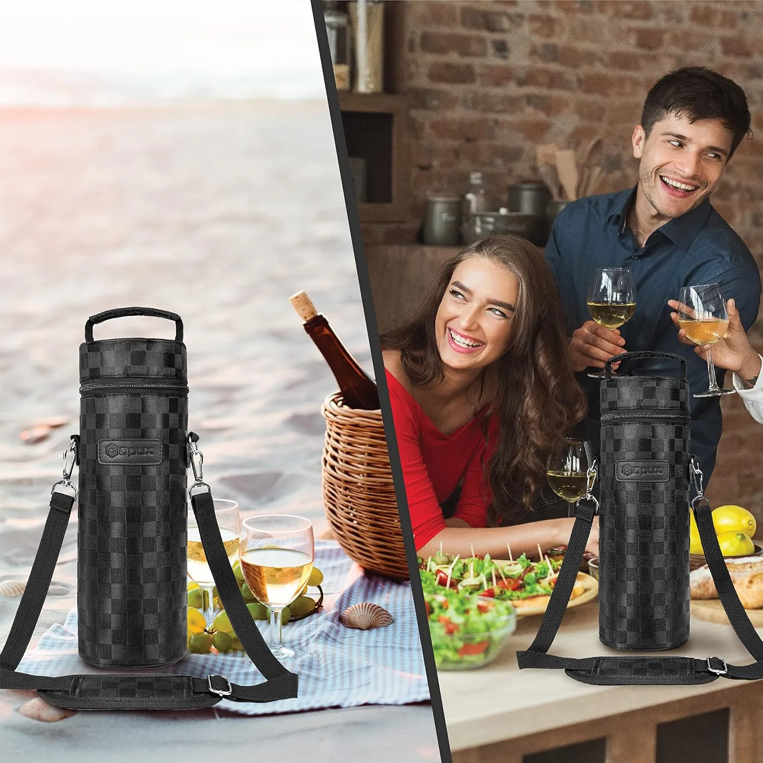opux Wine Bag Single Bottle Carrier Tote, Insulated Wine Cooler Bag for Travel Picnic Beach with Shoulder Strap, Thermal One Bottle Holder Carrying Case Wine Gift for Women Men, Black Squares