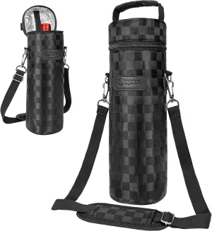 opux Wine Bag Single Bottle Carrier Tote, Insulated Wine Cooler Bag for Travel Picnic Beach with Shoulder Strap, Thermal One Bottle Holder Carrying Case Wine Gift for Women Men, Black Squares