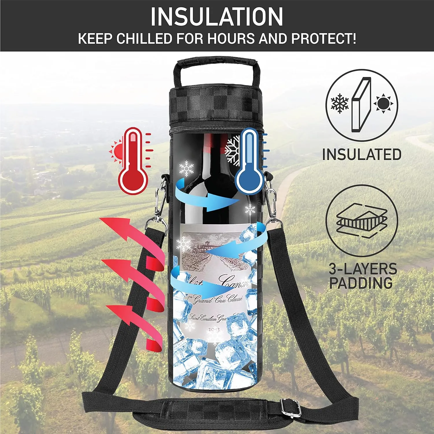 opux Wine Bag Single Bottle Carrier Tote, Insulated Wine Cooler Bag for Travel Picnic Beach with Shoulder Strap, Thermal One Bottle Holder Carrying Case Wine Gift for Women Men, Black Squares