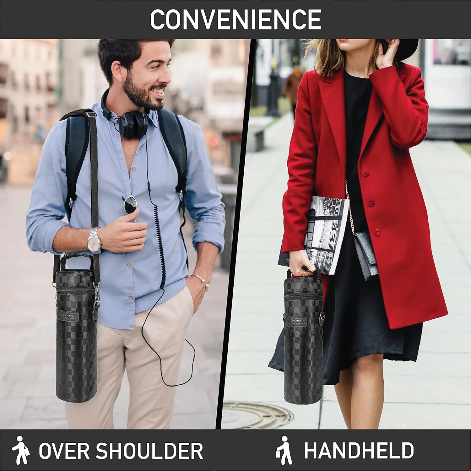 opux Wine Bag Single Bottle Carrier Tote, Insulated Wine Cooler Bag for Travel Picnic Beach with Shoulder Strap, Thermal One Bottle Holder Carrying Case Wine Gift for Women Men, Black Squares