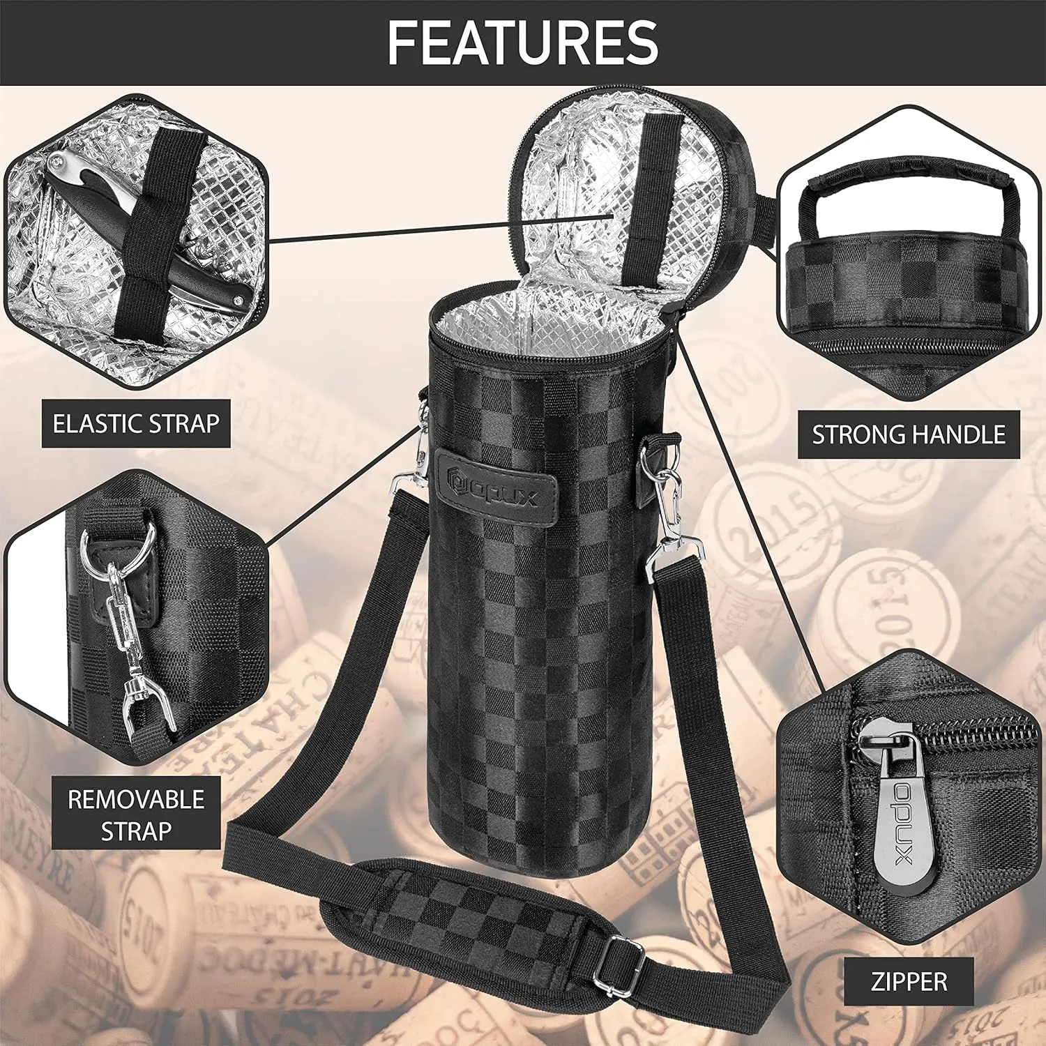 opux Wine Bag Single Bottle Carrier Tote, Insulated Wine Cooler Bag for Travel Picnic Beach with Shoulder Strap, Thermal One Bottle Holder Carrying Case Wine Gift for Women Men, Black Squares
