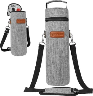 opux Wine Bag Single Bottle Carrier Tote, Insulated Wine Cooler Bag for Travel Picnic Beach with Shoulder Strap, Thermal One Bottle Holder Carrying Case Wine Gift for Women Men, Heather Light Gray