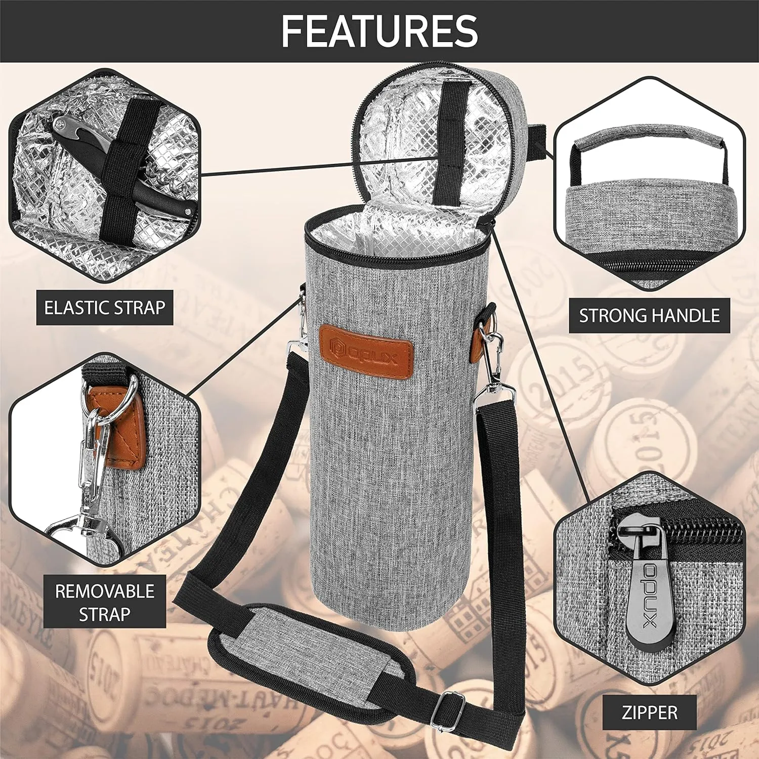 opux Wine Bag Single Bottle Carrier Tote, Insulated Wine Cooler Bag for Travel Picnic Beach with Shoulder Strap, Thermal One Bottle Holder Carrying Case Wine Gift for Women Men, Heather Light Gray