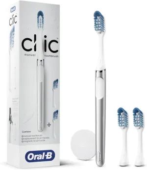 Oral-B Clic Deluxe Starter Kit, Manual Toothbrush with 3 Brush Heads & Magnetic Brush Mount, White