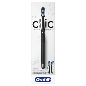 Oral-B Clic Manual Toothbrush, Matte Black, with 3 Replaceable Brush Heads and Magnetic Holder