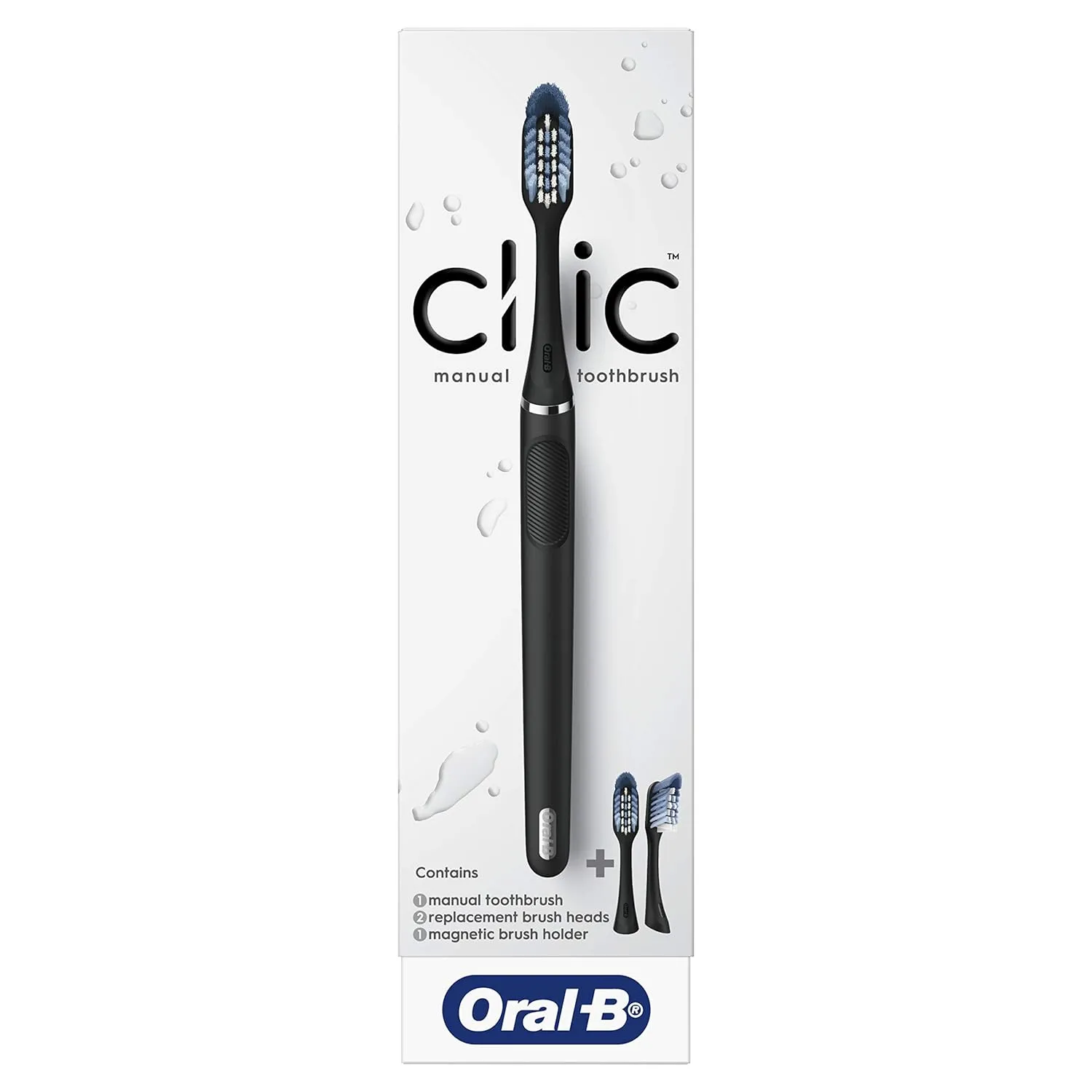 Oral-B Clic Manual Toothbrush, Matte Black, with 3 Replaceable Brush Heads and Magnetic Holder