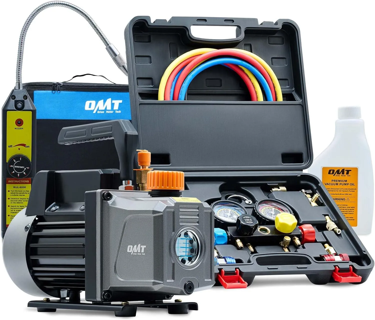 Orion Motor Tech AC Vacuum Pump and Gauge Set, 1/3 hp 4 cfm Vacuum Pump Manifold Gauge Kit with Leak Detector 4 Hoses & Accessories for R134a R22 R410a, A/C Vacuum Pump Kit for Auto HVAC Systems