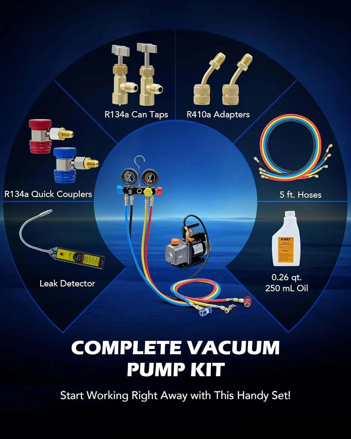 Orion Motor Tech AC Vacuum Pump and Gauge Set, 1/3 hp 4 cfm Vacuum Pump Manifold Gauge Kit with Leak Detector 4 Hoses & Accessories for R134a R22 R410a, A/C Vacuum Pump Kit for Auto HVAC Systems