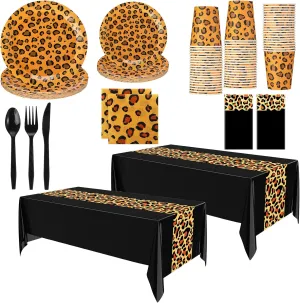 Oudain 162 Pcs Cheetah Party Decorations Leopard Print Tableware Safari Animal Jungle Party Supplies Includes Tablecloth Plates Napkins Cups Forks Knives Spoons for Baby Shower Birthday(Black)