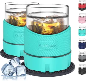 Ourokhome Whiskey Freeze Glasses, Patent Plastic Ice Chiller for Bourbon, Scotch, White Wine, 5 oz Insulated Liquor Tumbler for Men and Women, 2 Sets, with 2 Silicone Cup Mats, Mint