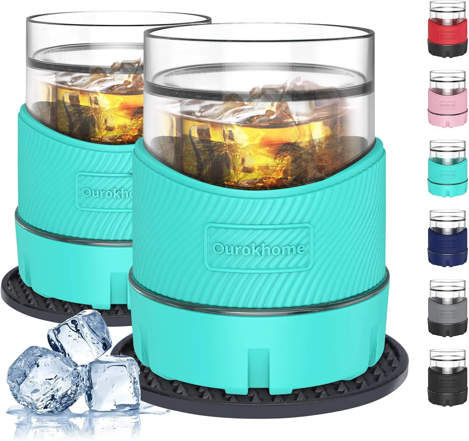 Ourokhome Whiskey Freeze Glasses, Patent Plastic Ice Chiller for Bourbon, Scotch, White Wine, 5 oz Insulated Liquor Tumbler for Men and Women, 2 Sets, with 2 Silicone Cup Mats, Mint