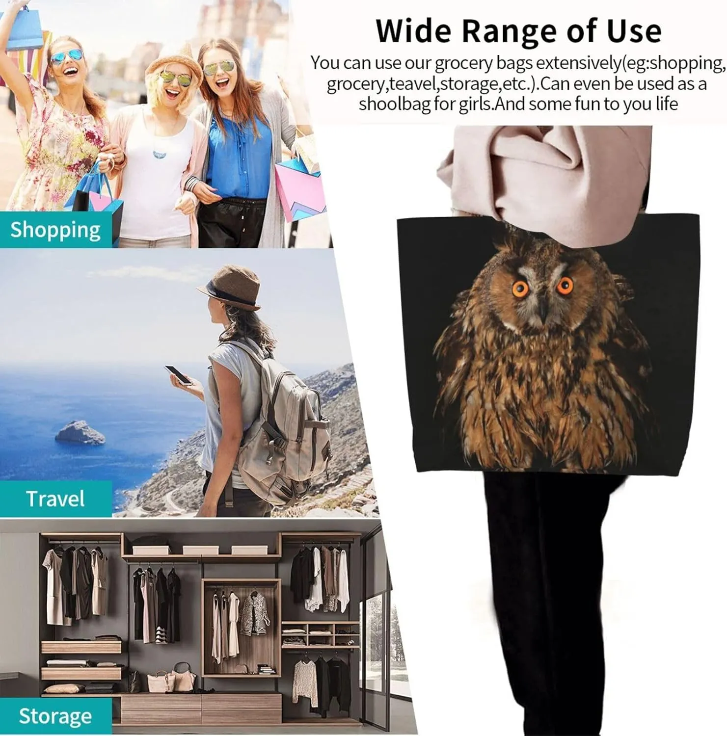 Owl Canvas Tote Bag Animal Shoulder Bag Handbag Cute Casual Grocery Bags Funny Bag for Outdoor