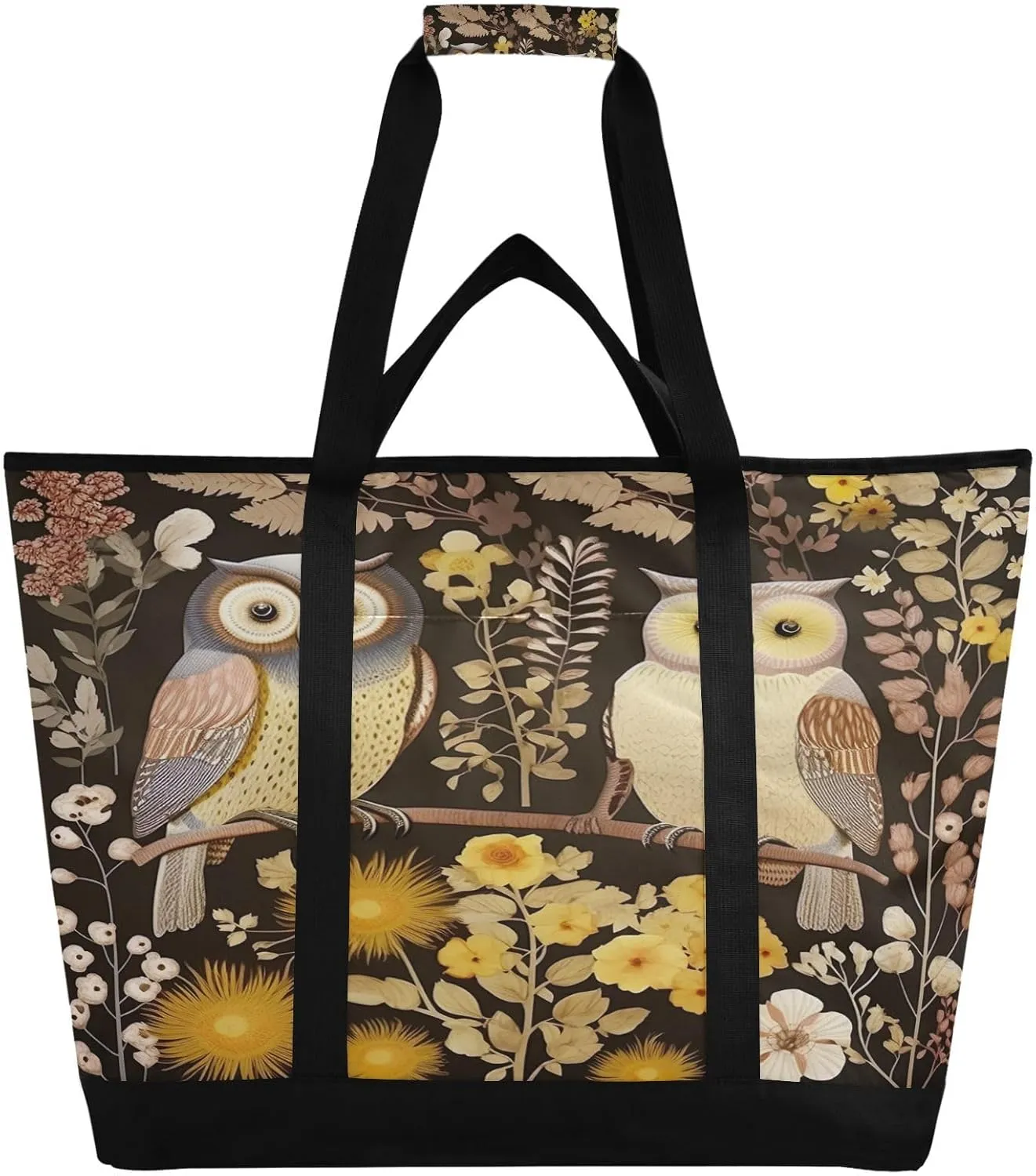 Owls Flowers Reusable Insulated Lunchbox Cooler Bag, Leakproof Kitchen Grocery Bag Collapsible Portable Cooler Tote Bag for Picnic, Camping, Office, Travel