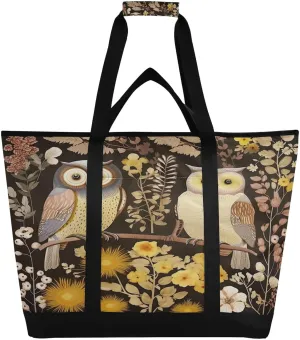 Owls Flowers Reusable Insulated Lunchbox Cooler Bag, Leakproof Kitchen Grocery Bag Collapsible Portable Cooler Tote Bag for Picnic, Camping, Office, Travel