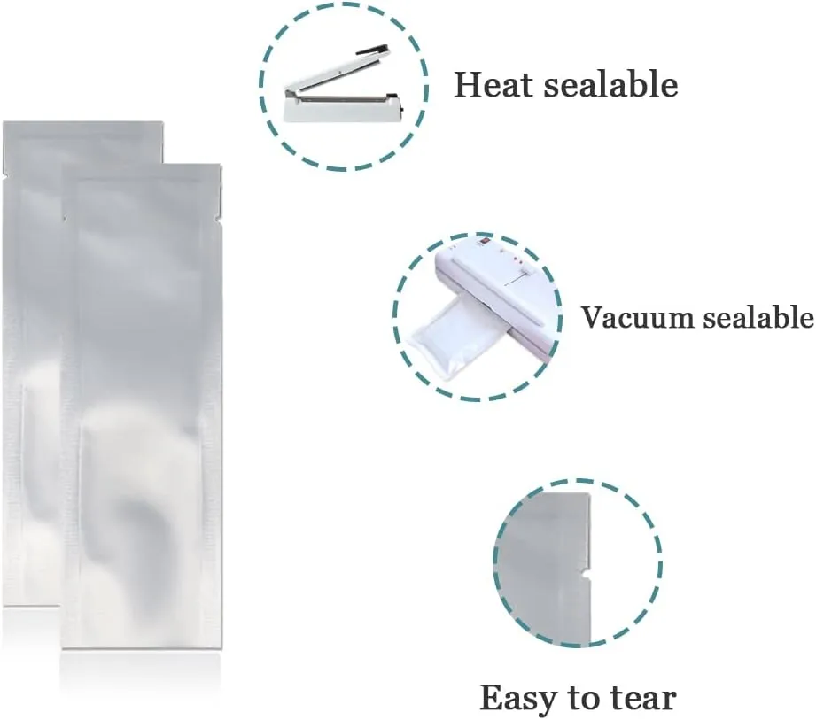 PABCK 200 Pieces 2.36x8.6 inch (Inside Size 1.96x8.2 inch) Coffee Food Storage Heat Seal Pure Mylar Foil Bag Vacuum Pouch for Sample Packaging