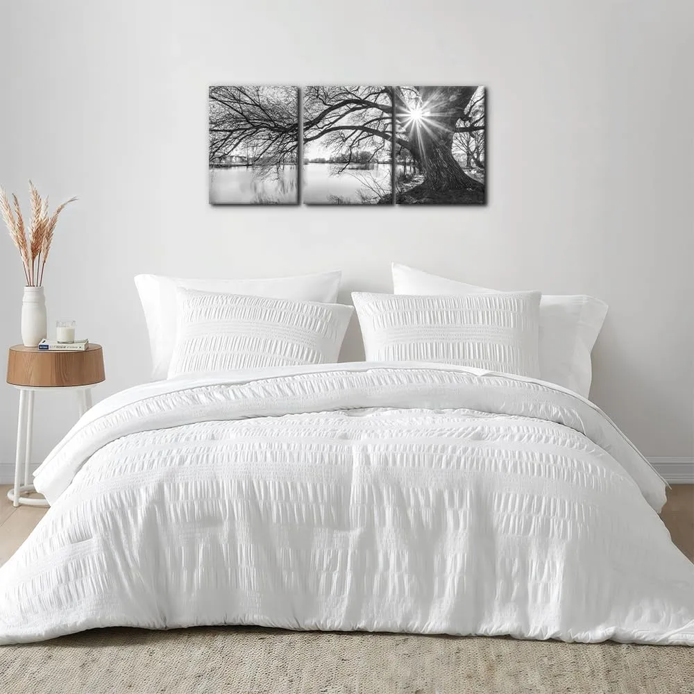Pacimo Canvas Print Wall Art Old Tree by Lake Nature Photography Modern Home Decor Rustic Scenic Black and White Sunrise Landscape Modern Artwork Stretch and Framed Ready to Hang - 12"x16"x3 Panels