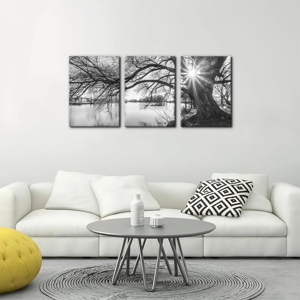 Pacimo Canvas Print Wall Art Old Tree by Lake Nature Photography Modern Home Decor Rustic Scenic Black and White Sunrise Landscape Modern Artwork Stretch and Framed Ready to Hang - 12"x16"x3 Panels