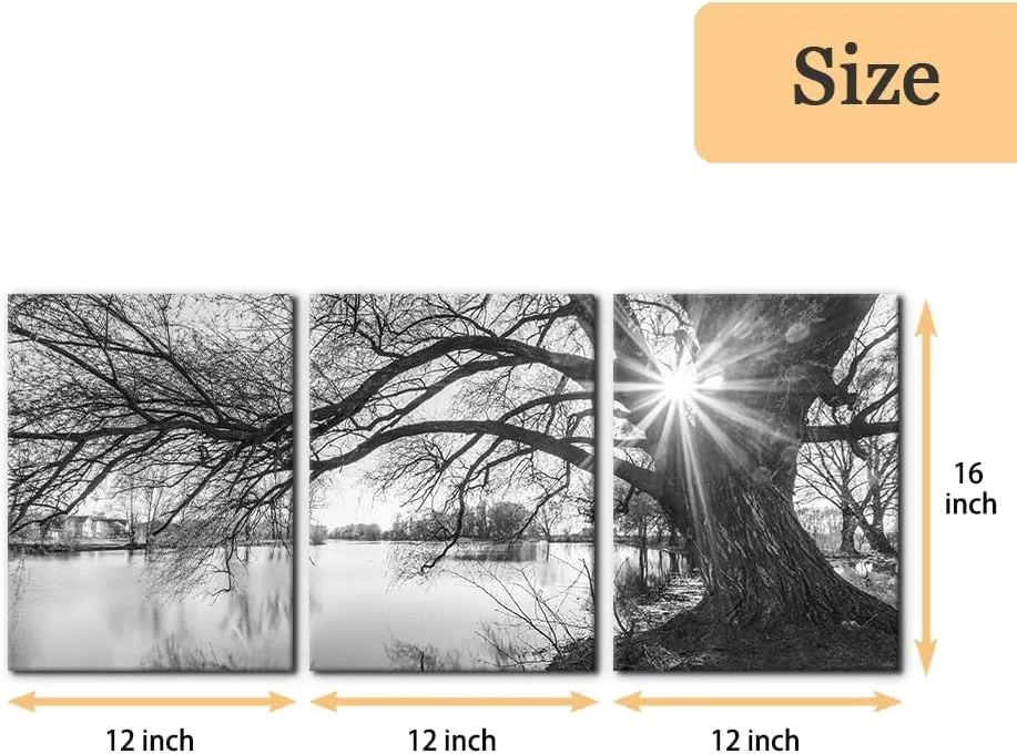 Pacimo Canvas Print Wall Art Old Tree by Lake Nature Photography Modern Home Decor Rustic Scenic Black and White Sunrise Landscape Modern Artwork Stretch and Framed Ready to Hang - 12"x16"x3 Panels
