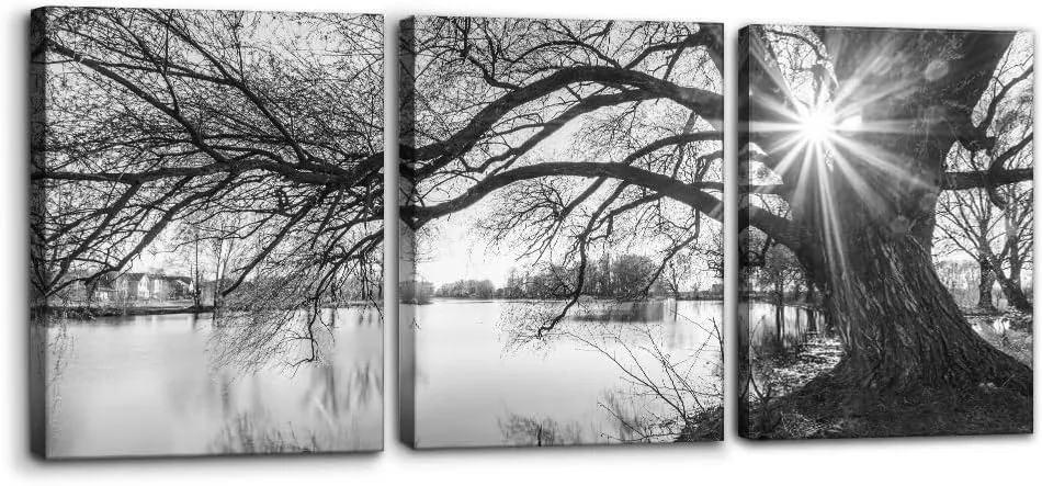 Pacimo Canvas Print Wall Art Old Tree by Lake Nature Photography Modern Home Decor Rustic Scenic Black and White Sunrise Landscape Modern Artwork Stretch and Framed Ready to Hang - 12"x16"x3 Panels