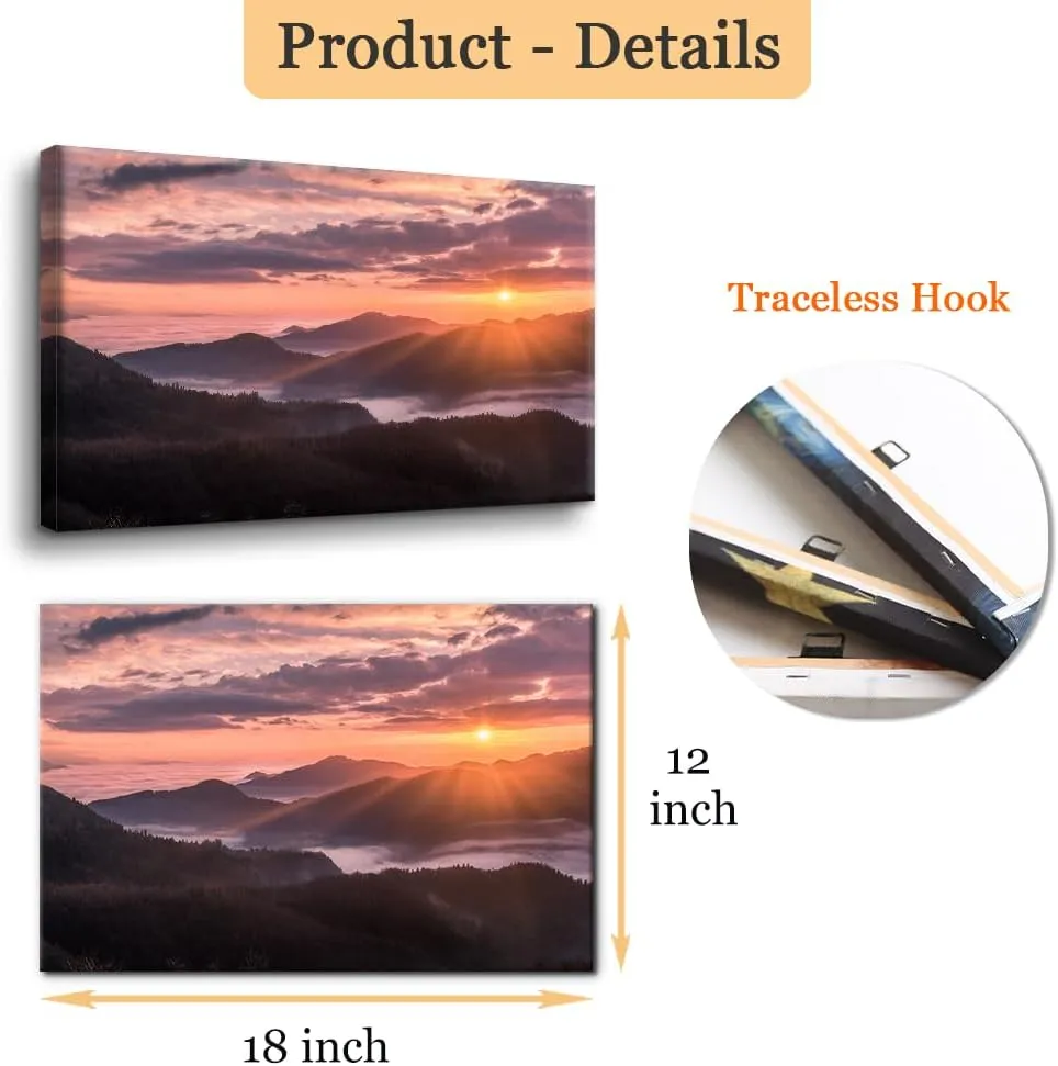 Pacimo Modern Wall Art Pastel Sunset Sunshine Mountain Range Pictures Paintings Print on Canvas Natural Landscape Giclee Prints Artwork Gallery Wrapped Stretch and Framed Ready to Hang 12"x18"