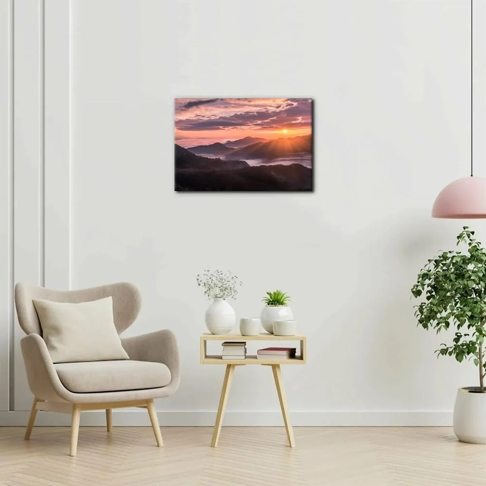Pacimo Modern Wall Art Pastel Sunset Sunshine Mountain Range Pictures Paintings Print on Canvas Natural Landscape Giclee Prints Artwork Gallery Wrapped Stretch and Framed Ready to Hang 12"x18"