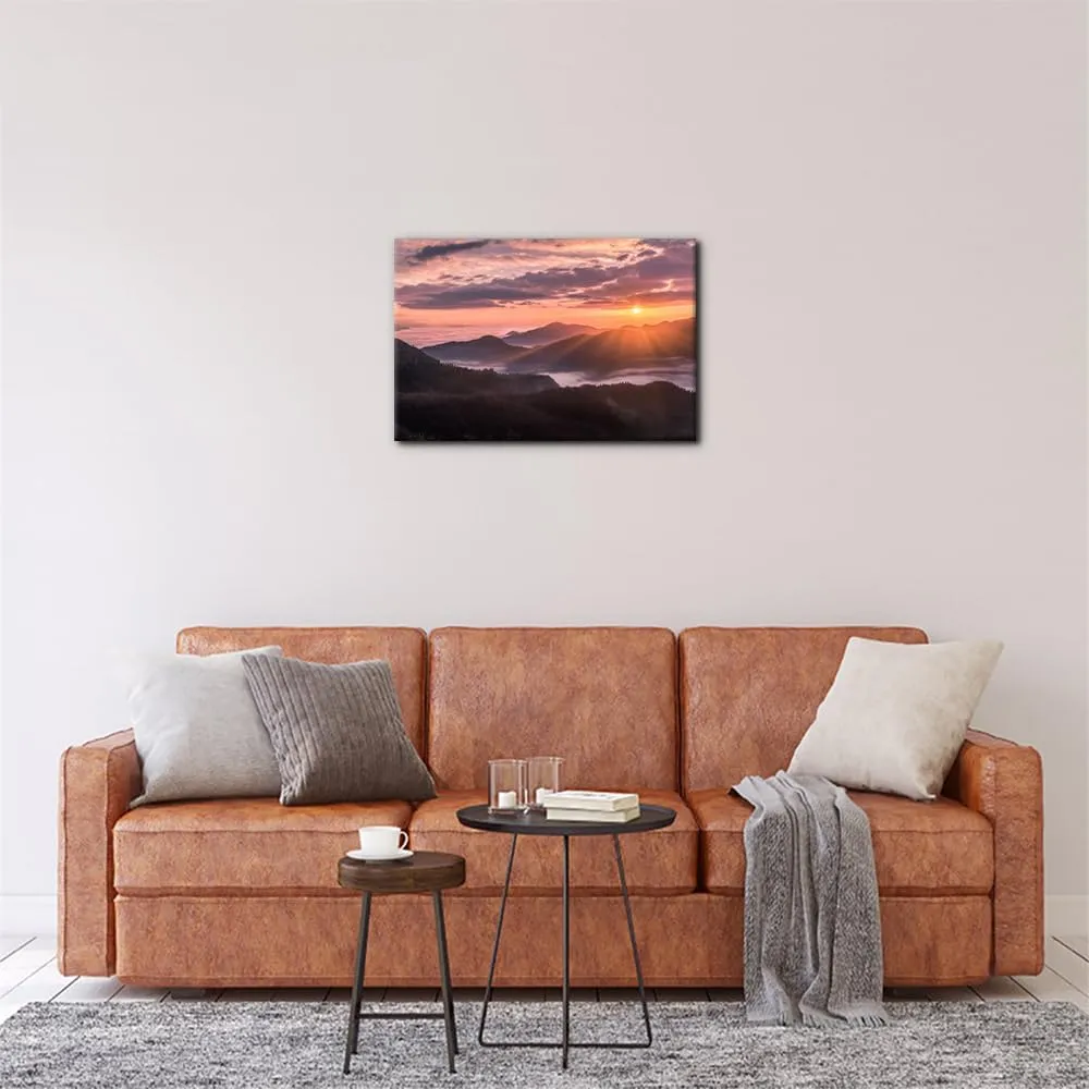 Pacimo Modern Wall Art Pastel Sunset Sunshine Mountain Range Pictures Paintings Print on Canvas Natural Landscape Giclee Prints Artwork Gallery Wrapped Stretch and Framed Ready to Hang 12"x18"