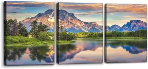 Pacimo Nature Canvas Wall Art Sunset Sunrise Mountain Pictures Grand Teton National Park Canvas Print River Forest Landscape Artwork for Living Room Bedroom Home Office Wall Decoration - 12"x16"x3