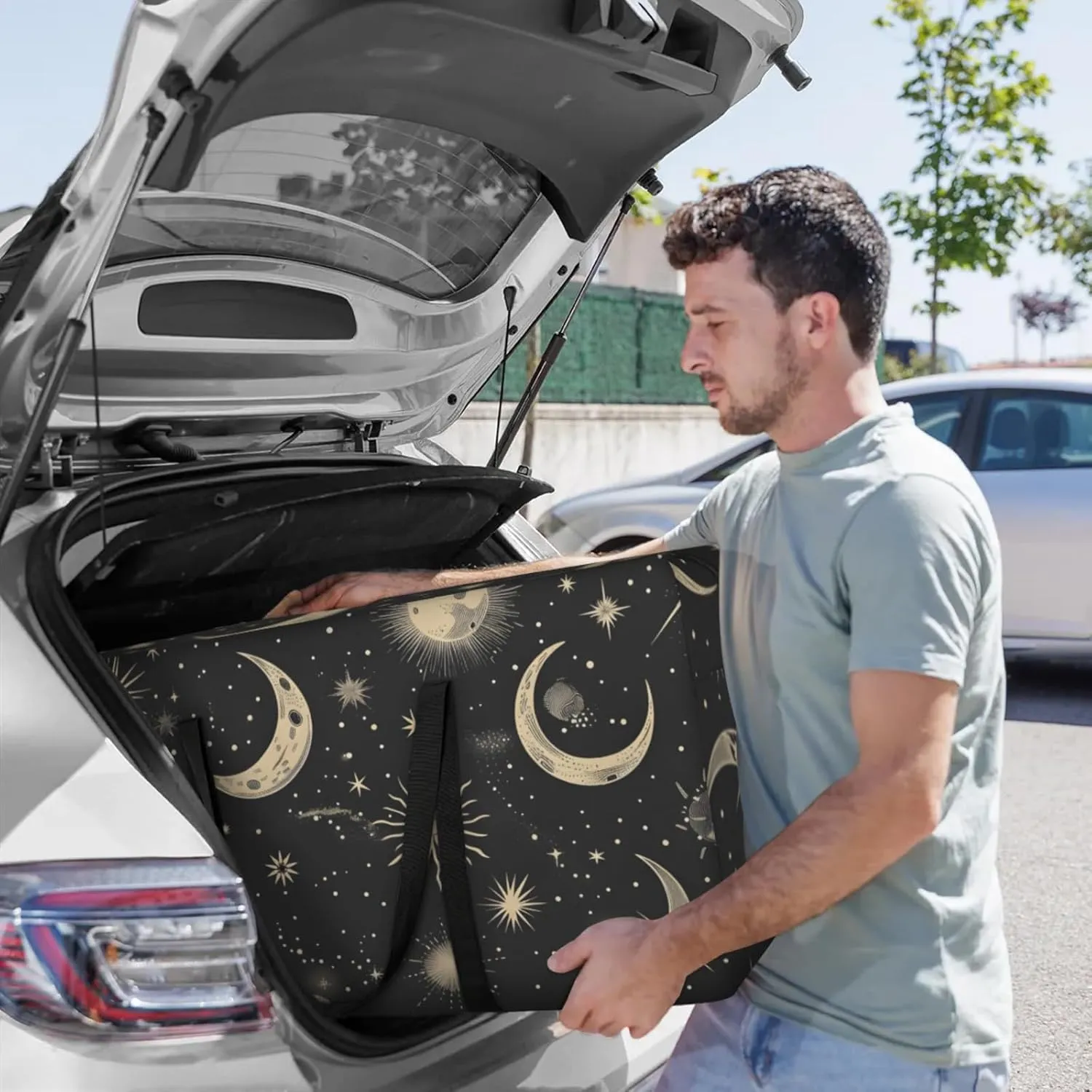 Packing Bags for Moving, Extra Large Moving Bags Heavy Duty, 205L Storage Bag with Zipper, Storage Totes Movings Supplies, Duffle Bag Waterproof Storage Containers for Organizing (Moon & Stars Black)