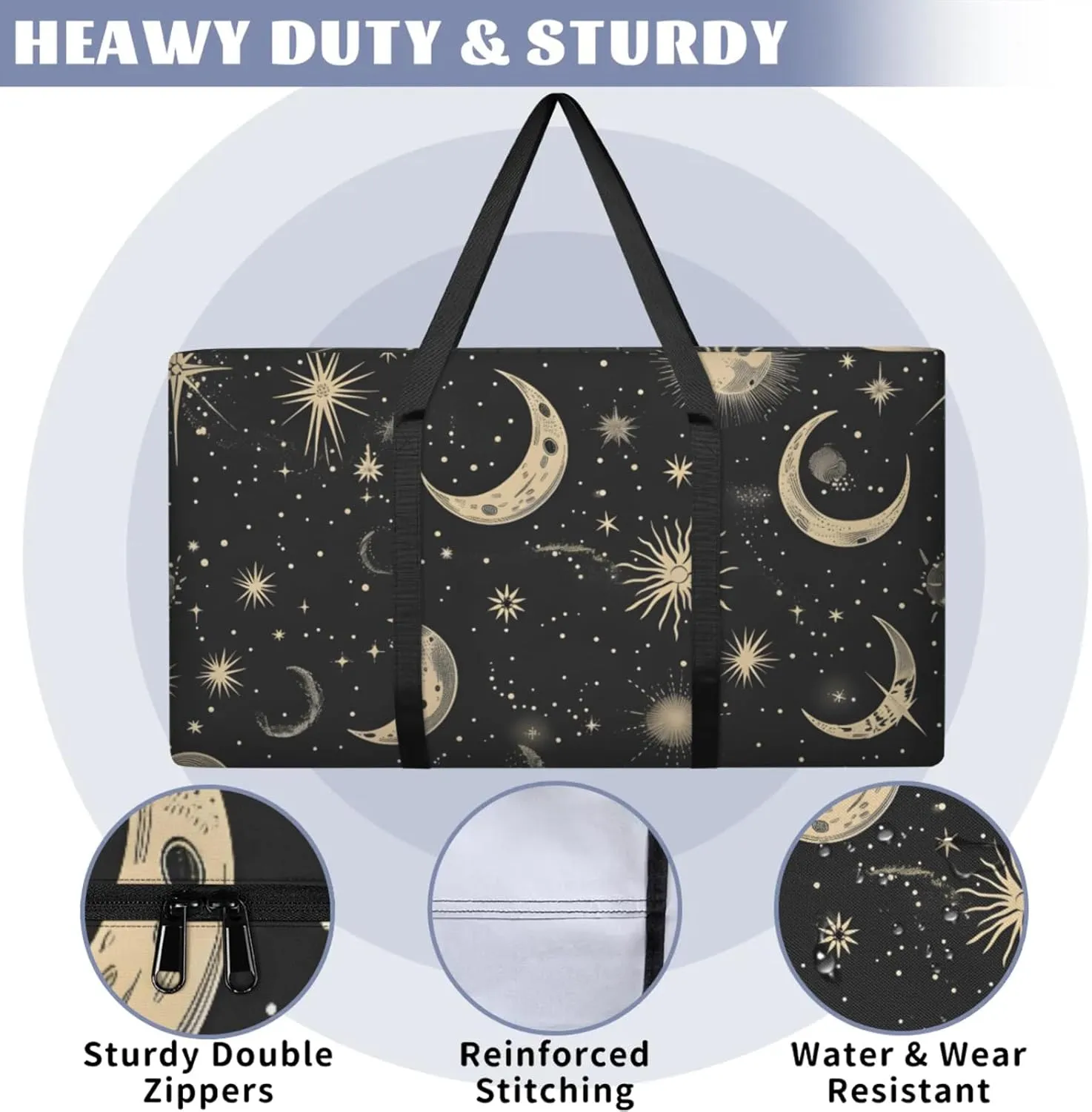Packing Bags for Moving, Extra Large Moving Bags Heavy Duty, 205L Storage Bag with Zipper, Storage Totes Movings Supplies, Duffle Bag Waterproof Storage Containers for Organizing (Moon & Stars Black)