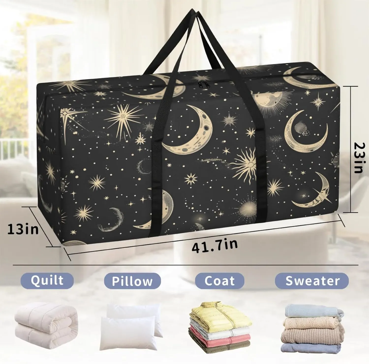 Packing Bags for Moving, Extra Large Moving Bags Heavy Duty, 205L Storage Bag with Zipper, Storage Totes Movings Supplies, Duffle Bag Waterproof Storage Containers for Organizing (Moon & Stars Black)