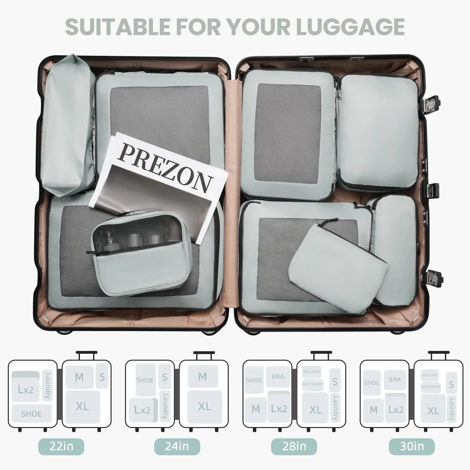 Packing Cubes for Travel | 10 Set Mint |Durable Luggage Organizer 4 Size(Extra Large, Large, Medium, Small),Comprehensive Cubes for Toiletry,Underwear, Shoe,Travel Essentials,Efficient Women Gifts