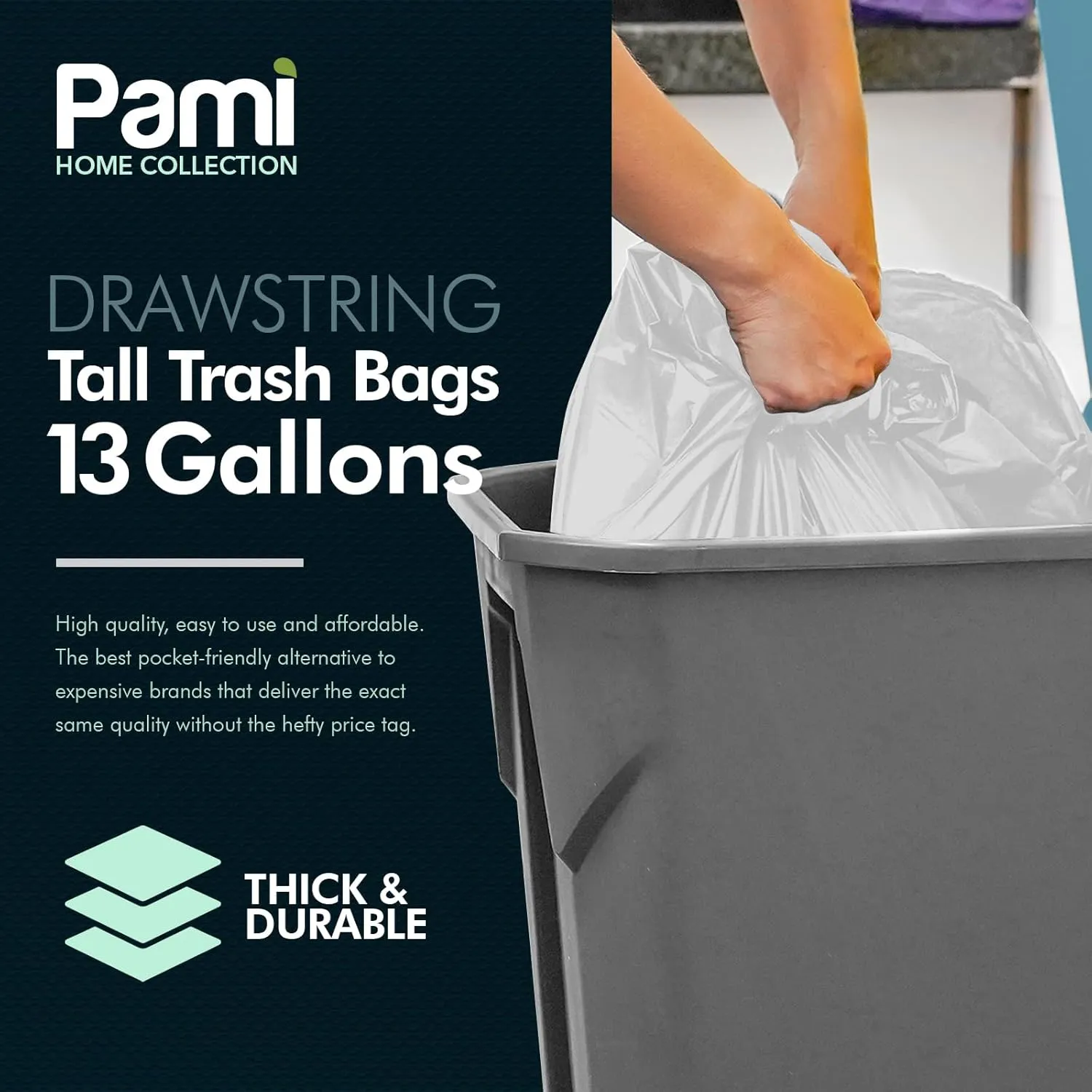 PAMI Tall 13-Gallon Kitchen Drawstring Trash Bags [90-Pack, White] - Extra-Strong Plastic Garbage Bags- Thick Trash Can Liners For Kitchen, Bathroom & Outdoor Bins- 2ft x2ft Unscented Trash Bags