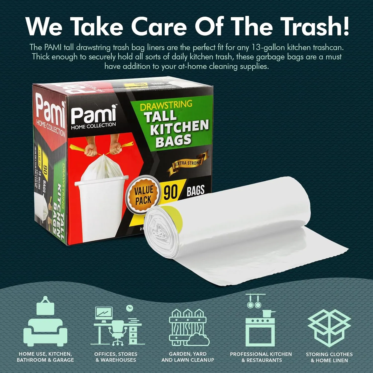 PAMI Tall 13-Gallon Kitchen Drawstring Trash Bags [90-Pack, White] - Extra-Strong Plastic Garbage Bags- Thick Trash Can Liners For Kitchen, Bathroom & Outdoor Bins- 2ft x2ft Unscented Trash Bags