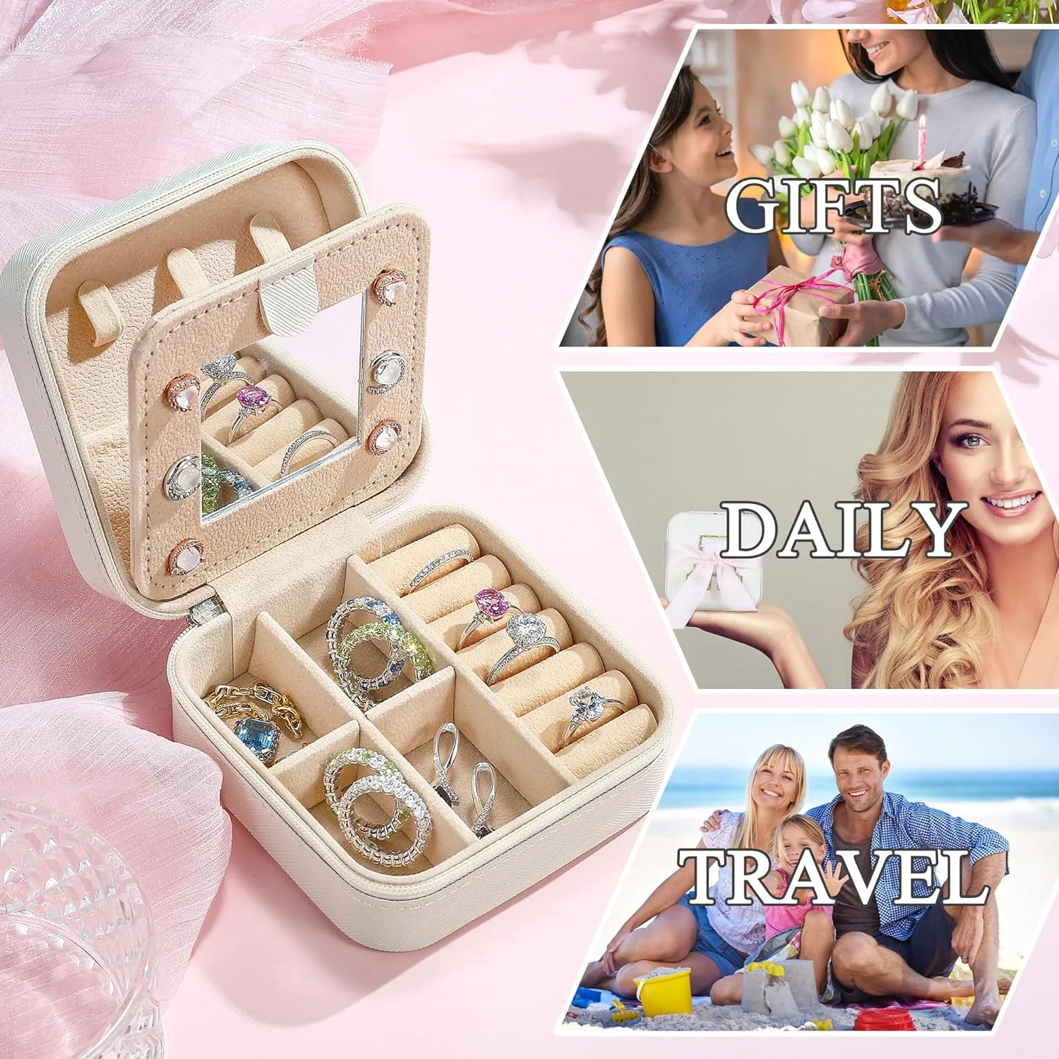 Parima Travel Jewelry Case - White Gift for Female Friends and Bridesmaids - Self Care, Birthday and Bride Gifts