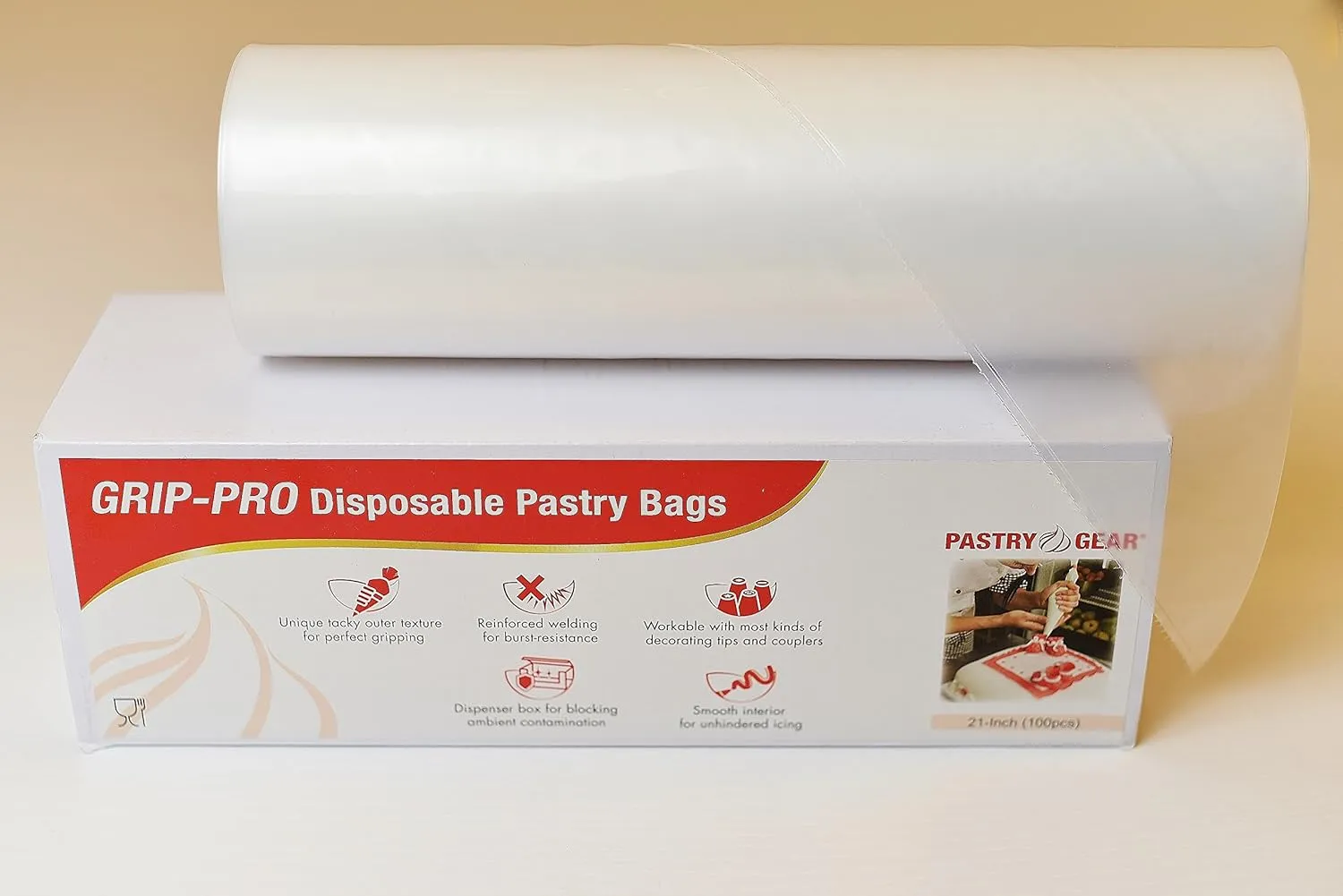 PastryGear Grip-Pro 21-Inch Nonskid Ultra Thick Disposable Pastry/Decorating/Piping Bags with Dispenser - 100 Pcs