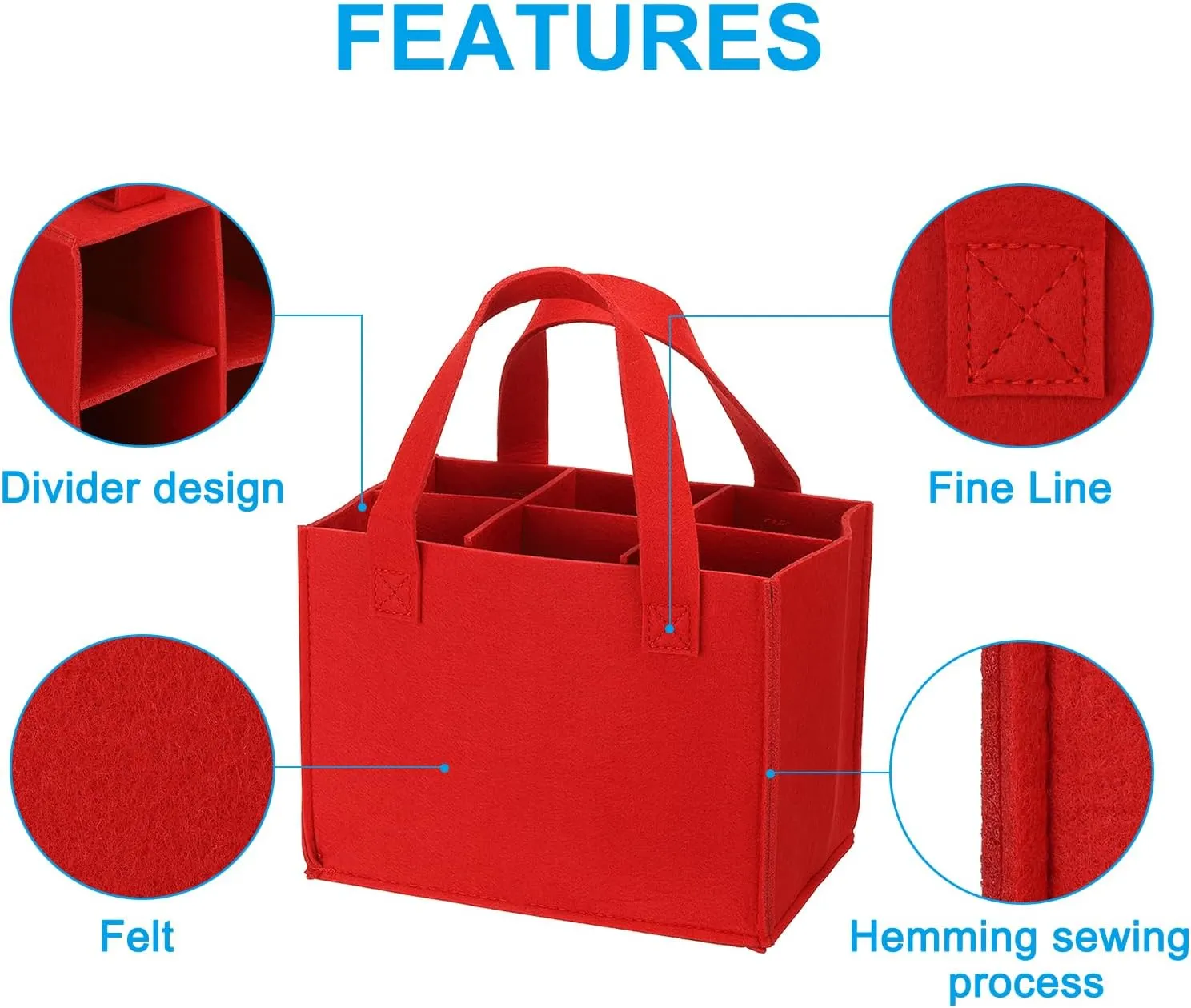 PATIKIL 6 Bottle Wine Carrier Tote with Divider, 2 Pack Wine Bottle Carrier Gift Bag, Reusable Felt Grocery Bag, Red