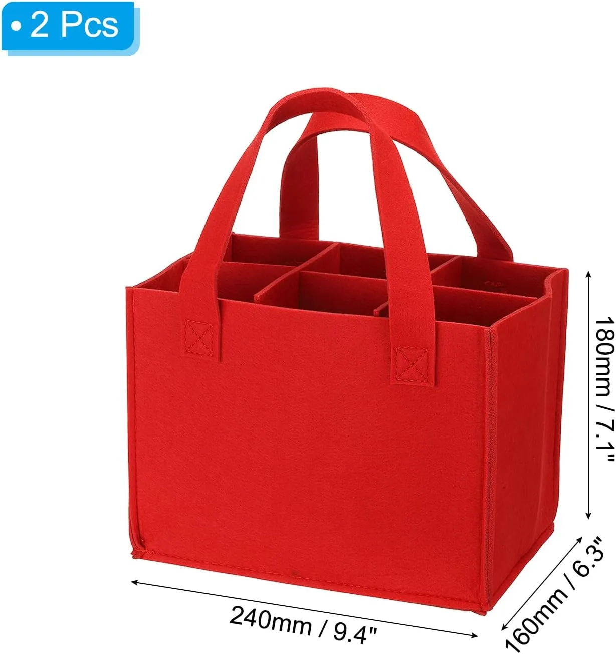 PATIKIL 6 Bottle Wine Carrier Tote with Divider, 2 Pack Wine Bottle Carrier Gift Bag, Reusable Felt Grocery Bag, Red