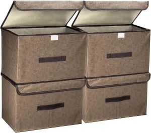 PATIKIL Fabric Collapsible Storage Bin 14.2 x 9.1 x 9.4 Inch, 4 Pcs Foldable Storage Box Cube with Lids and Handle Organizer Container for Home Bedroom Closet Clothes, Brown