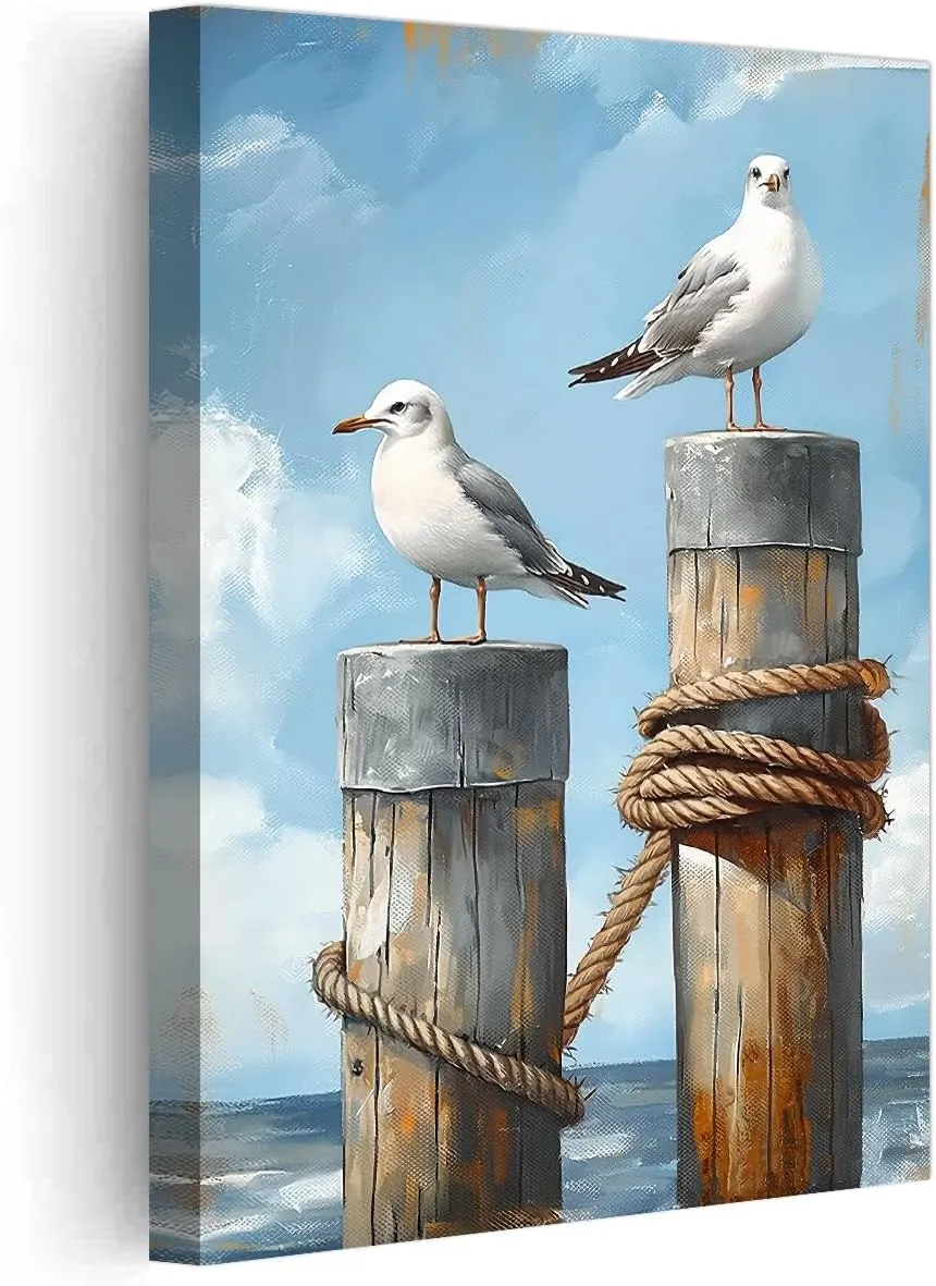 PBXBJY Coastal Wall Art Seaside Seagulls Canvas Prints Ocean Beach Bird Picture Rustic Nautical Painting Seascape Artwork for Bathroom Laundry Decor Framed (12.00" x 18.00")