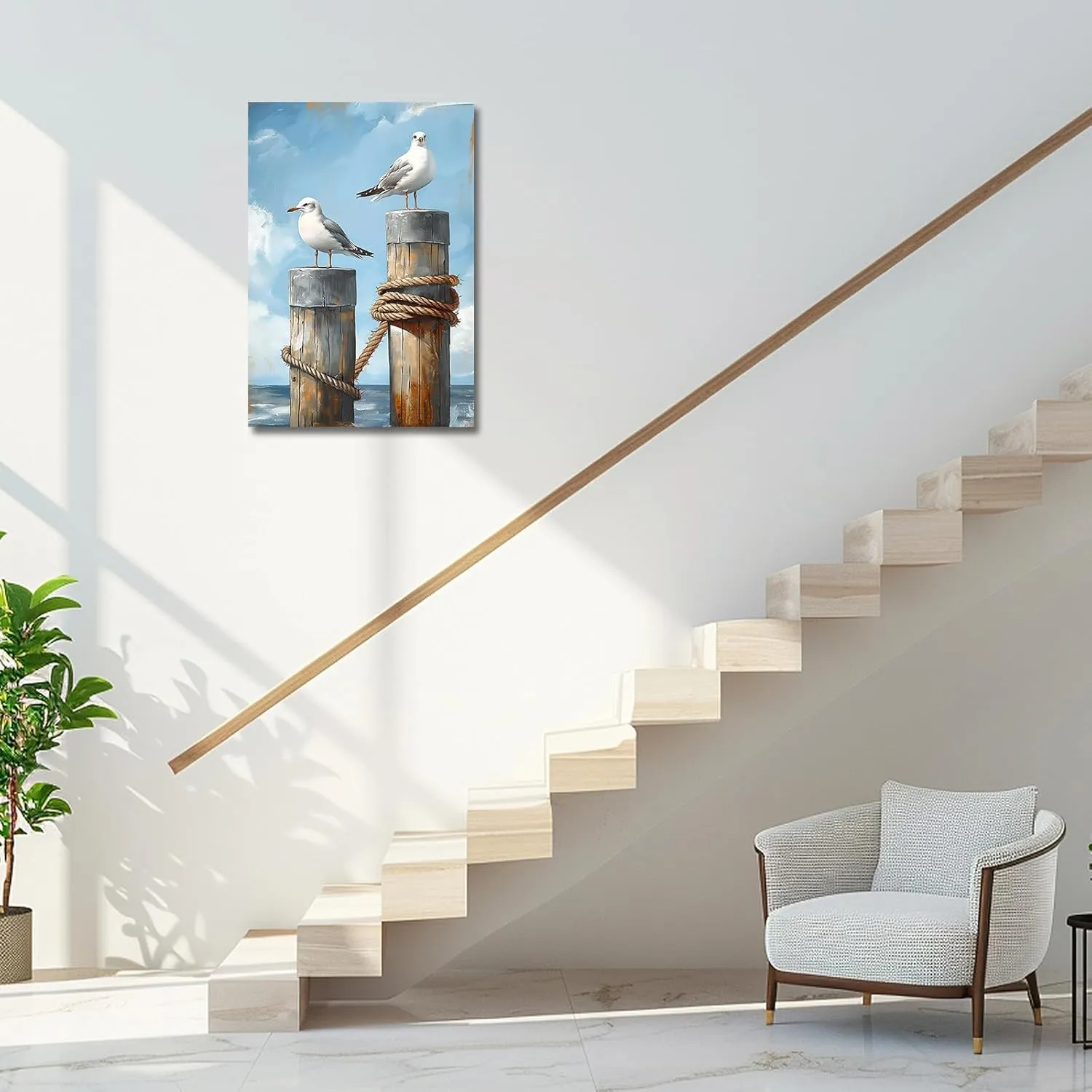PBXBJY Coastal Wall Art Seaside Seagulls Canvas Prints Ocean Beach Bird Picture Rustic Nautical Painting Seascape Artwork for Bathroom Laundry Decor Framed (12.00" x 18.00")