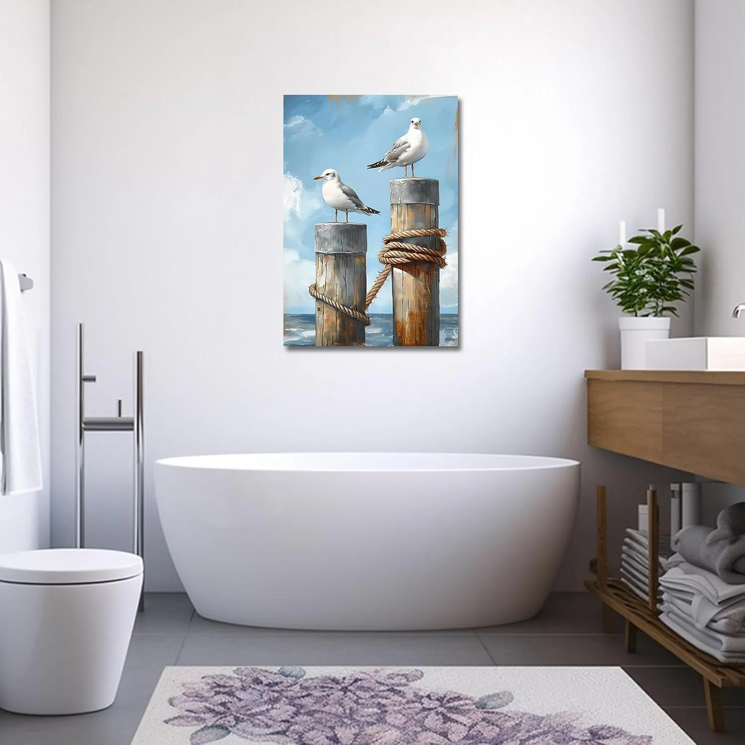 PBXBJY Coastal Wall Art Seaside Seagulls Canvas Prints Ocean Beach Bird Picture Rustic Nautical Painting Seascape Artwork for Bathroom Laundry Decor Framed (12.00" x 18.00")