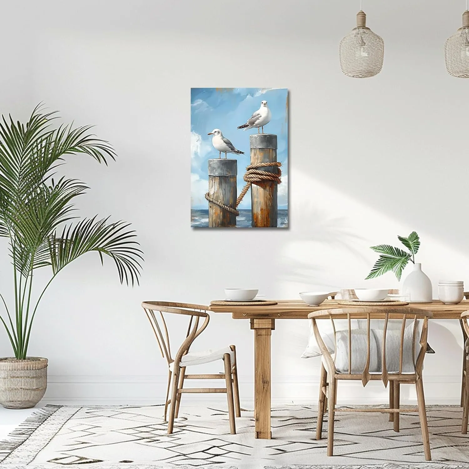 PBXBJY Coastal Wall Art Seaside Seagulls Canvas Prints Ocean Beach Bird Picture Rustic Nautical Painting Seascape Artwork for Bathroom Laundry Decor Framed (12.00" x 18.00")